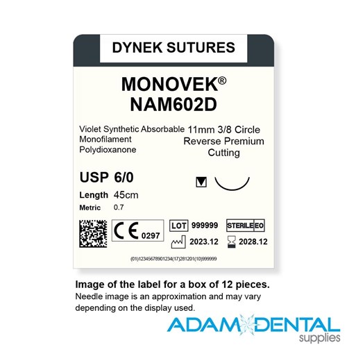 MONOVEK (DYED) 6/0 X 45CM 11MM 3/8 CIRC RVRS PREM CUT 12pk