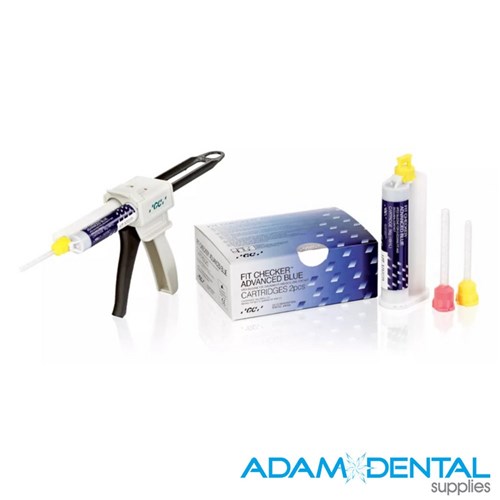 GC FIT CHECKER Advanced Blue cartridges 56g x 2 with 6 mixing tips for fit checking and occlusal registration in dental clinics